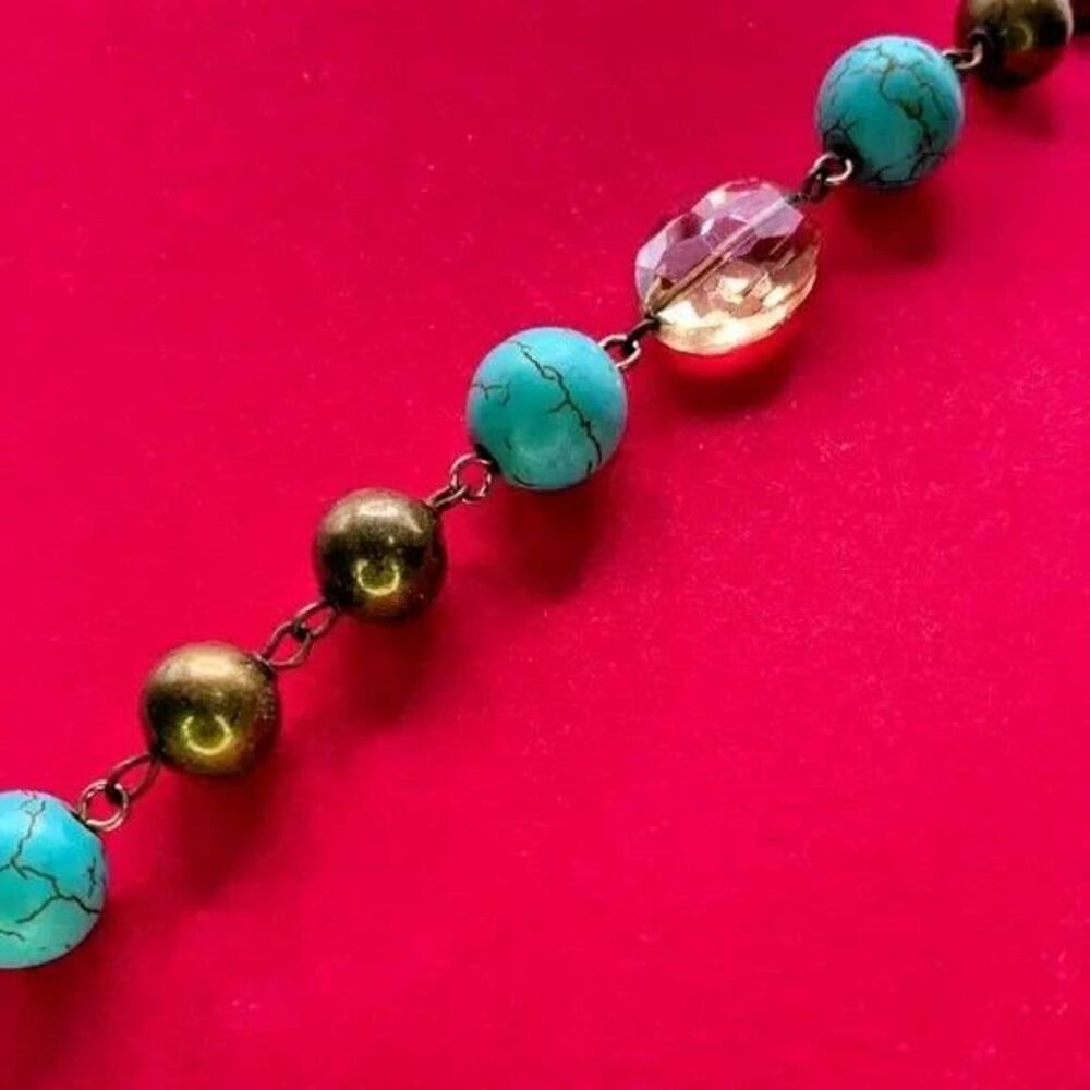Vintage Bronze Crown Pendant Necklace Faux Turquoise Dangle Whimsigoth Royalcore - Picture 8 of 10